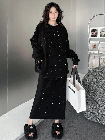 XITAO Korean Casual Two Piece Sets Loose Embroidered Flares O-neck Long Sleeve Top Elastic Waist Loose Skirt Autumn ZYY1002