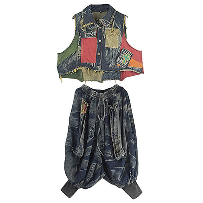 XITAO Denim Pants Sets Personality Fashion Irregular Contrast Color Patchwork Vest Calf-length Pants Two Pieces Sets LYD1878