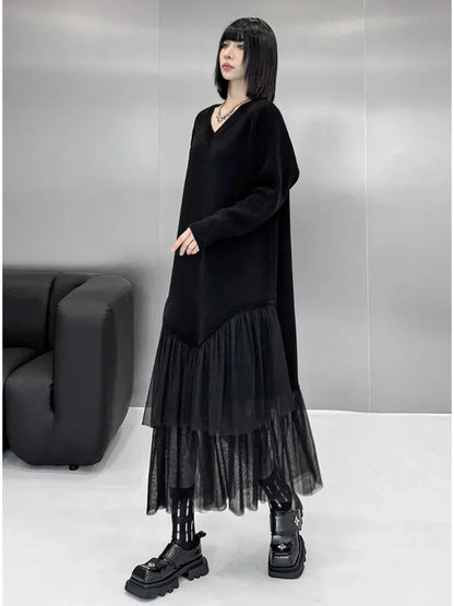 XITAO Mesh Patchwork Knitted Women Dresses Casual V-neck Long Sleeves Pullover Fashion New 2024 Autumn Female Dress GYX1057