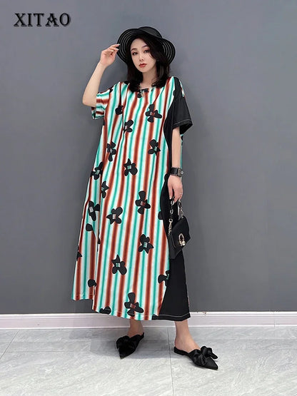 XITAO Fashion Striped Print Dress Loose Casual Simplicity Contrast Color Women T-shirt Dress Temperament Summer New ZY7275