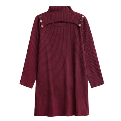 XITAO Solid Color Temperament Hollow Out Dress Loose Pullover Sliming Full Sleeve Mid-calf All Match Knitted Dress ZYY1022