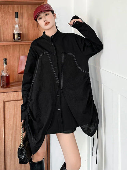 XITAO Casual Solid Color Turn-down Collar Full Sleeve Blouse Hong Kong Irregular Loose Long Style Autumn Female Shirt GMM1060