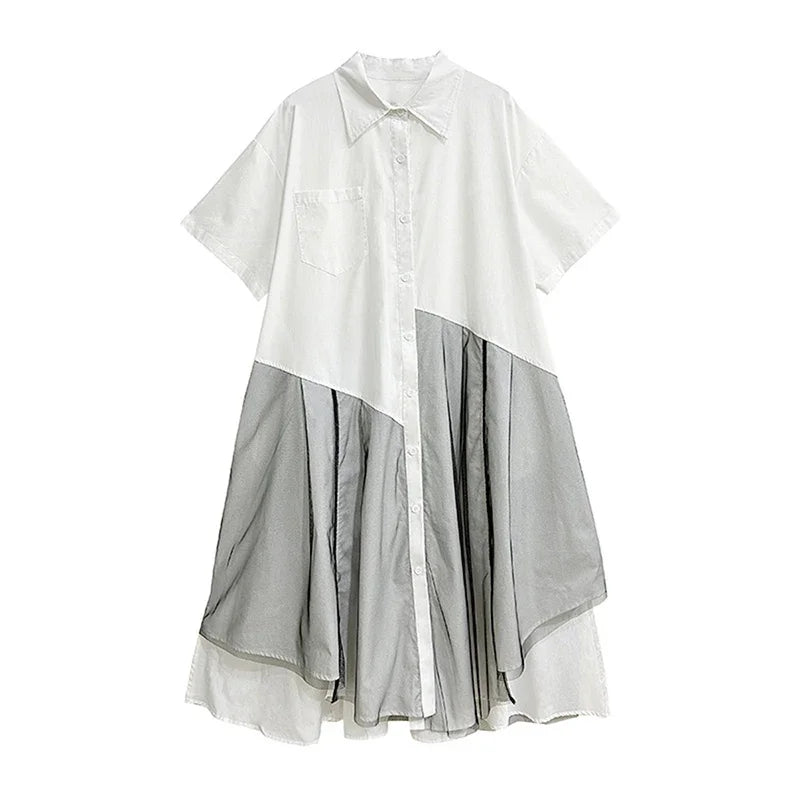 XITAO Gauze Patchwork Single Breasted Shirt Dresses Pocket Contrast Color Turn-down Collar Short Sleeve Summer New HQQ2367