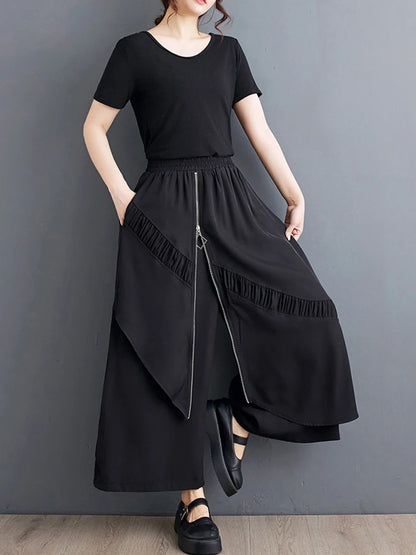 XITAO Zipper Patchwork Pocket Wide Leg Pants Solid Color Loose Fashion Women Ankle-length Pants Summer New ZY8799