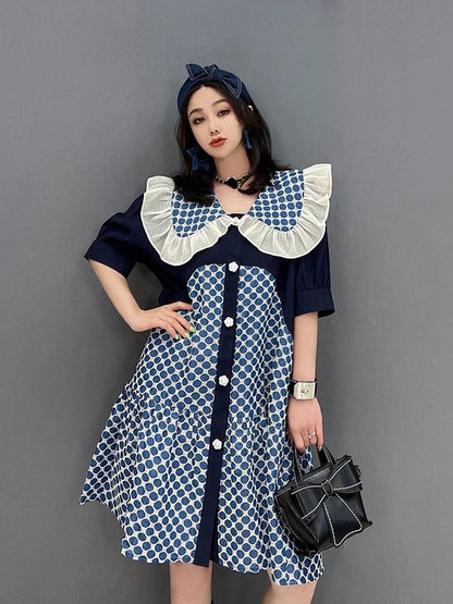 XITAO Peter Pan Collar Dress Fashion Dot Contrast Color Print Women Summer New Loose Single Breasted Cute Casual Shirt Dress ZY7256