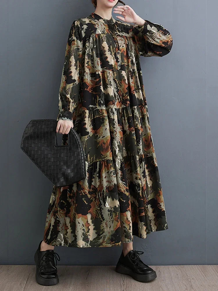 XITAO Vintage Stand Collar Print Shirt Dress Loose Long Sleeve Simplicity Casual Pullover Women Dress Fashion New HQQ2062