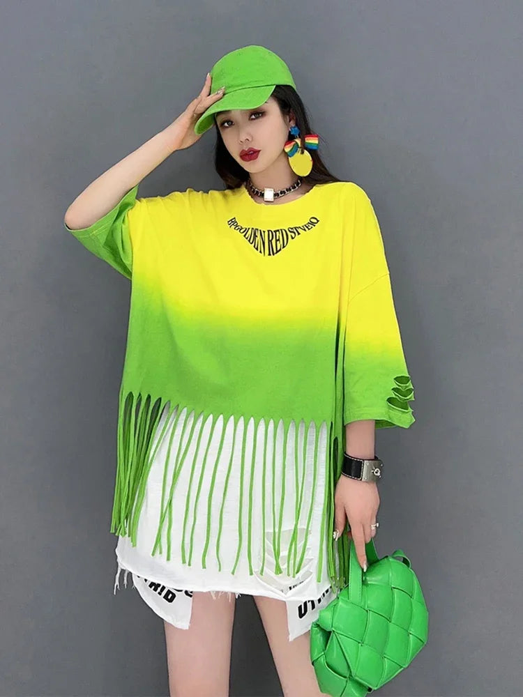 XITAO Patchwork Tassel T-Shirt Women Korea Summer New Personality Fashion Loose O-neck Three Quarter Sleeves T-Shirt ZY6822