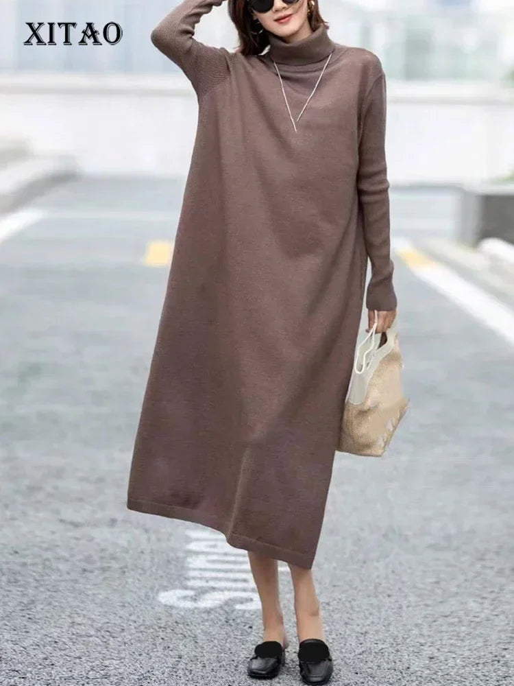 XITAO Knitting Half High Collar Split Dresses Solid Color Pullover Loose Mid-calf Loose Sweaters Dress Spring Casual DMJ3396