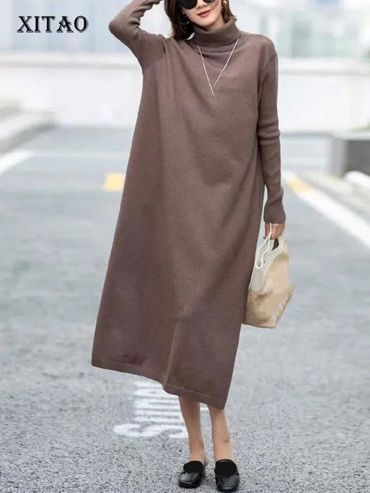 XITAO Knitting Half High Collar Split Dresses Solid Color Pullover Loose Mid-calf Loose Sweaters Dress Spring Casual DMJ3396