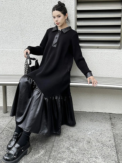 XITAO Casual A-line Solid Color Turn-down Collar Female Dress Long Sleeve Patchwork PU Fashion Autumn Women Dress GMM1084