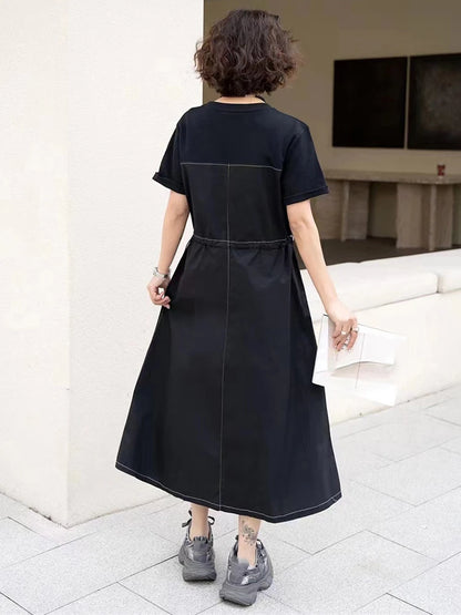 XITAO Vintage Patchwork Pocket Loose Female Dress Casual Drawstring Slimming Women Summer New O-neck A-line Dress HQQ2340