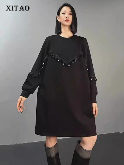 XITAO A-line Casual Knee-length O-neck Women Dress Fashion Trendy Patchwork Full Sleeve Knitted Loose Female Dress GMM1091