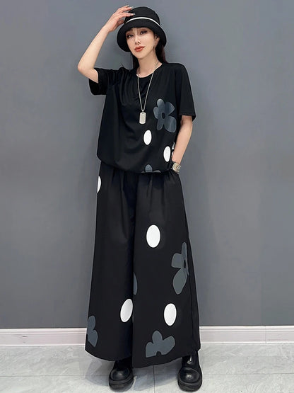 XITAO Print Two Piece Set Casual Short Sleeve T-shirt Loose Wide Leg Pants Fashion Simplicity 2024 Summer Women Sets LYD1730