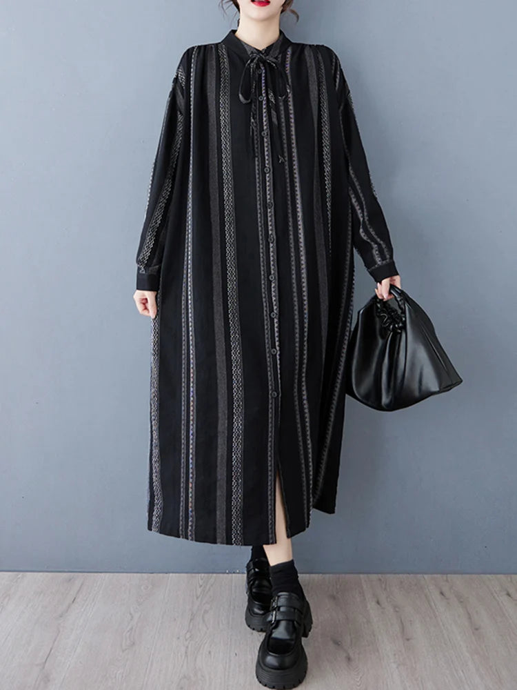 XITAO Stripe Single Breasted Tape Full Sleeve Dress Loose Fitting Slimming A-line Mid-calf Autumn Fashion Women Dress GMM1308