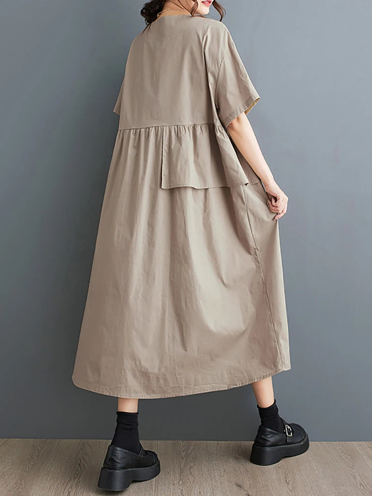 XITAO Flounced Edge Patchwork V-neck Dress Solid Color Short Sleeve Single Breasted Pullover Loose Dress 2024 Summer New ZY8812