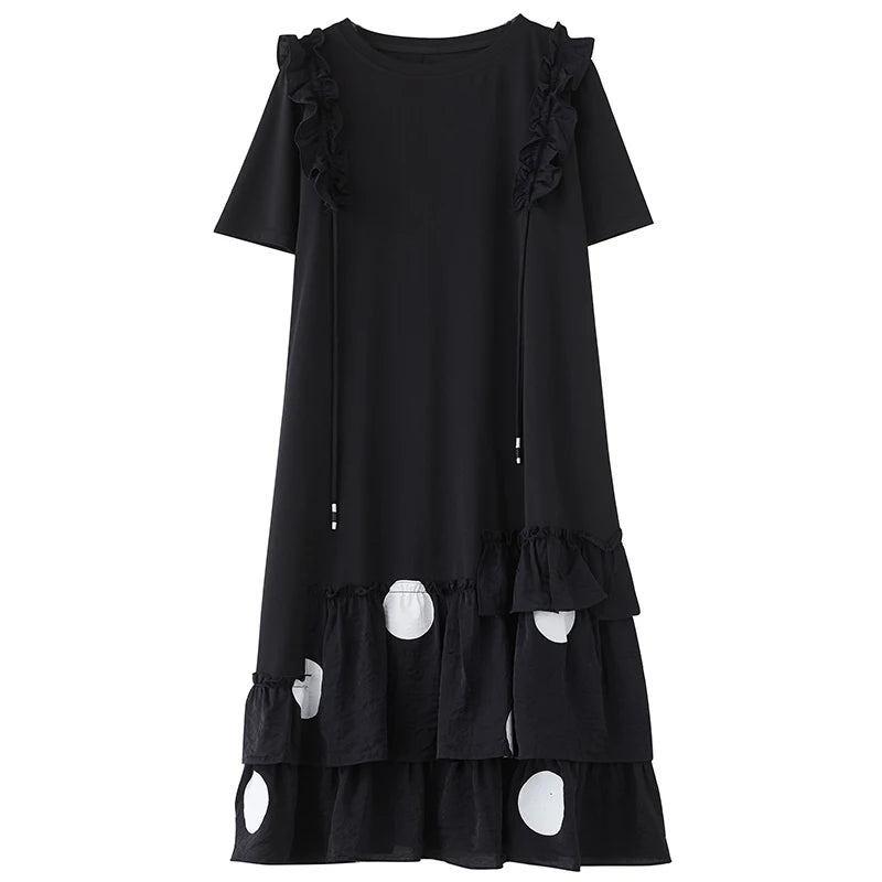 XITAO Asymmetrical Edible Tree Fungus Female Dress Ruffles Hem Casual Fashion Loose Short Women Summer New Black Dress LYD1882