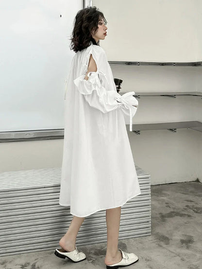 XITAO White Black Dress Pullover Full Sleeve Goddess Fan Casual Elegant Solid Color Pleated Bow Casual Style Dress WLD16116