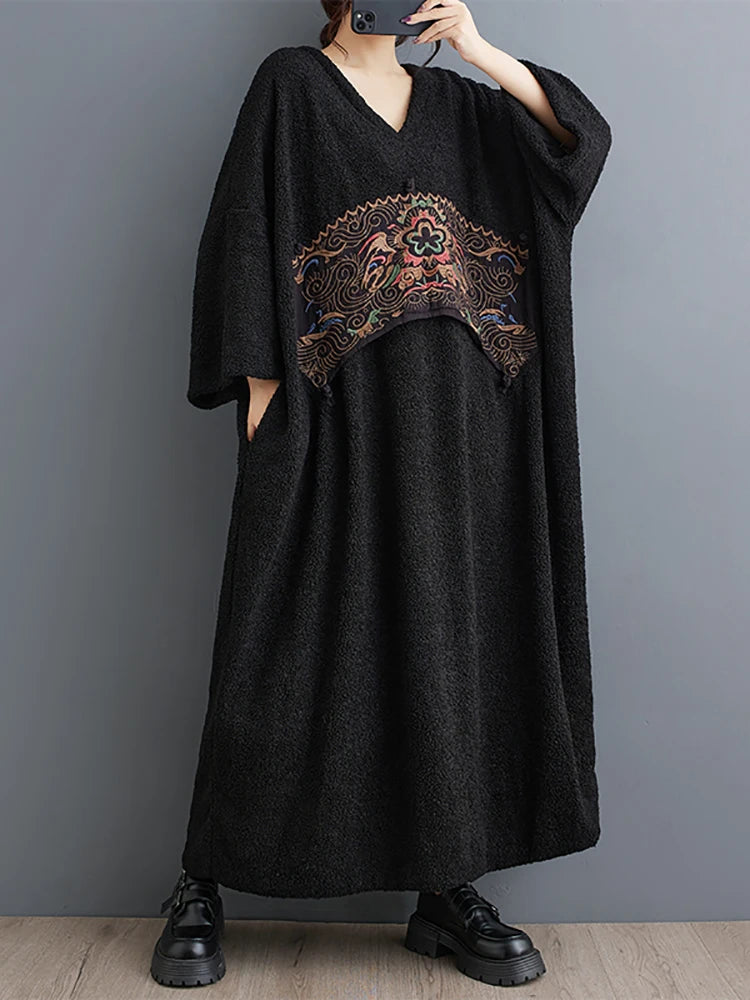 XITAO Embroidery Patchwork Batwing Sleeve Dresses V-neck Pullover Loose Slimming Mid-Calf Casual Dresses 2024 Autumn New LJ1046