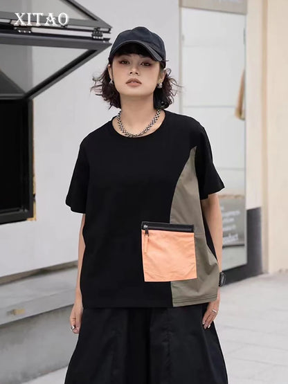 XITAO Casual Patchwork T-shirt O-neck Contrasting Color Short Sleeve Pullover Zipper Pocket Loose Fashion Women Top LYD1745