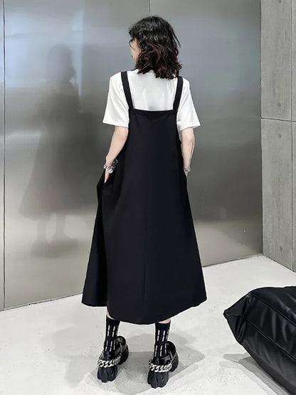 XITAO Black Folds Female Straps Dress Loose Fashion Simplicity Temperament Sleeveless Women Dress Summer New Slip Dress DMJ1452