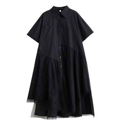 XITAO Mesh Patchwork Female Shirt Dress Casual Simplicity Loose Asymmetrical Hem 2024 Summer New Irregular A-line Dress ZY8655