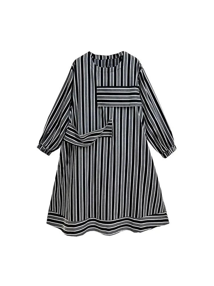 XITAO Striped Contrast Color Patchwork O-neck Dresses Long Sleeve Pullover Loose Slimming Fashion Casual 2024 Autumn GYX1004