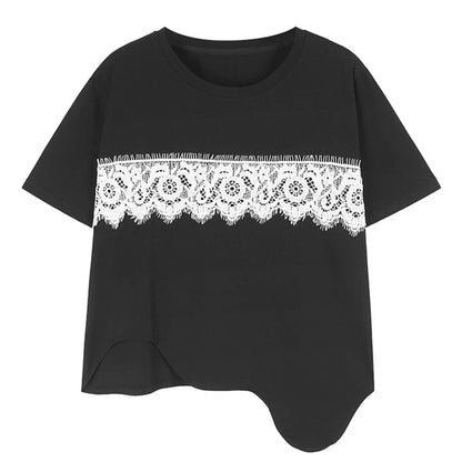 XITAO Lace Patchwork Irregular T-shirt O-neck Short Sleeve Loose Casual All-match Personality Summer Women New Top GJ1058