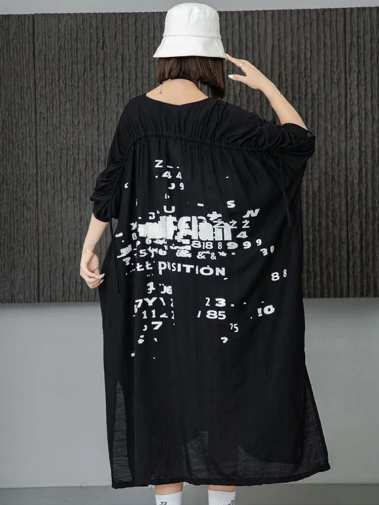 XITAO Bat Wing Sleeve Dress Irregular Draw String Folds Half Sleeve T-shirt Dress Fashion Contrast Color Letter Print WLD20163