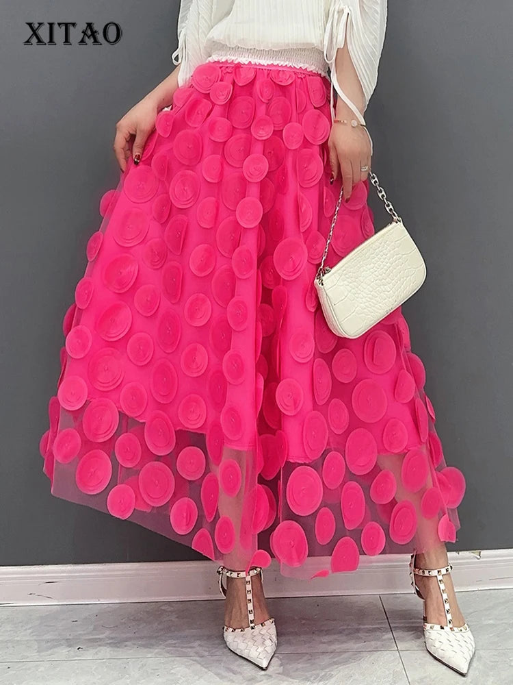 XITAO Patchwork Mesh Skirt Polka Dot Solid Color Women Fashion Spring Korea Simplicity Casual Loose A-line Skirt DMJ4091