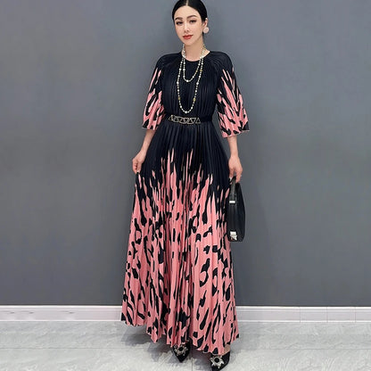 XITAO Print Pleated O-neck Three Quarter Sleeve Dress Elegant Temperament Loose  Fashion Summer New Goddess Fan Dress LYD1881