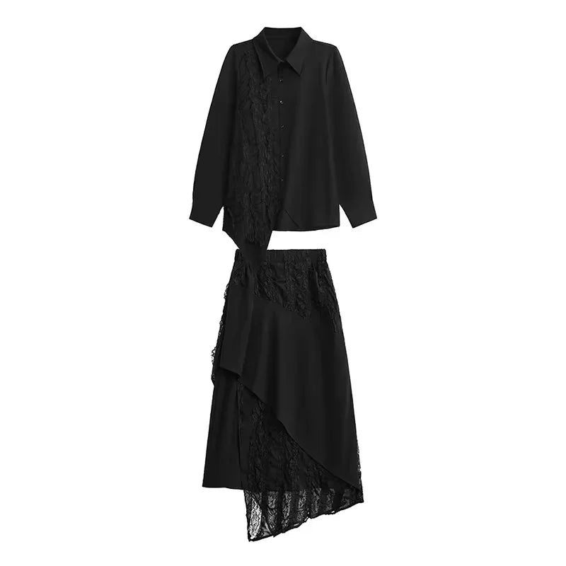 XITAO Lace Patchwork Asymmetrical Dress Sets Solid Color Turn-down Collar Long Sleeve Loose Top Elastic Waist Skirt ZY8931