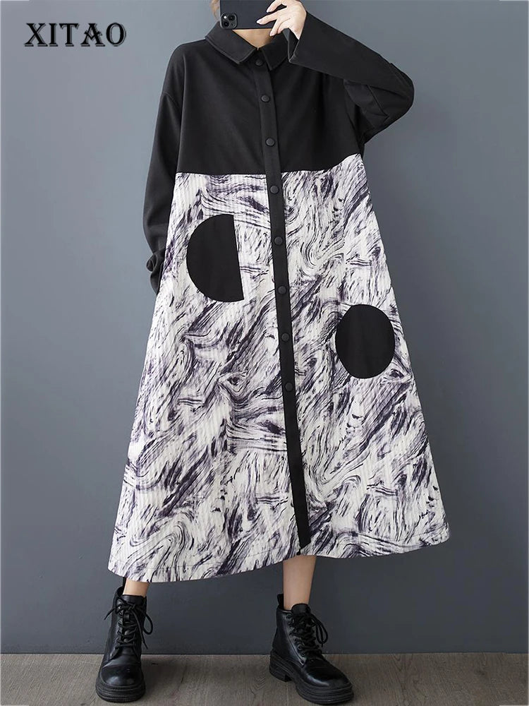 XITAO Casual Solid Color Patchwork Fashion Coats Irregular Printing A-line Full Sleeve New Arrrival Autumn Female Trench GMM1001