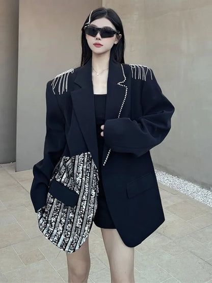 XITAO Fashion Solid Color Casual Single Button Coat Loose Fit Full Sleeve Sequined Black Series Autumn Female Blazer ZYY1048