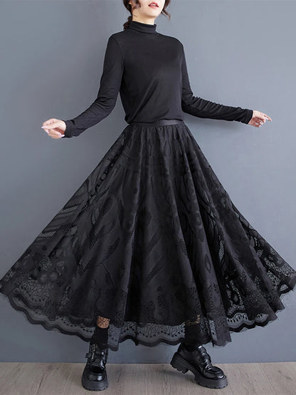 XITAO Black Lace Loose Female Skirts Casual 2024 Autumn A-line Elastic Waist Female All Match Ankle Length Skirt GYX1077