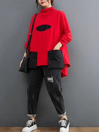 XITAO Casual Patchwork Pocket Women Sweatshirts Turtleneck Asymmetrical Long Sleeve Pullovers Autumn New DMJ2895