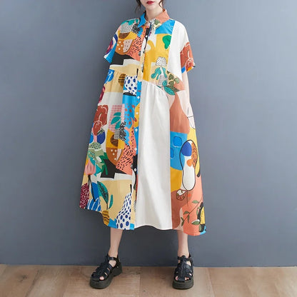 XITAO Printing Shirt Dress Patchwork Contrast Color Short Sleeve Turn-down Collar Elegant Fashion Casual Style Summer ZY8441