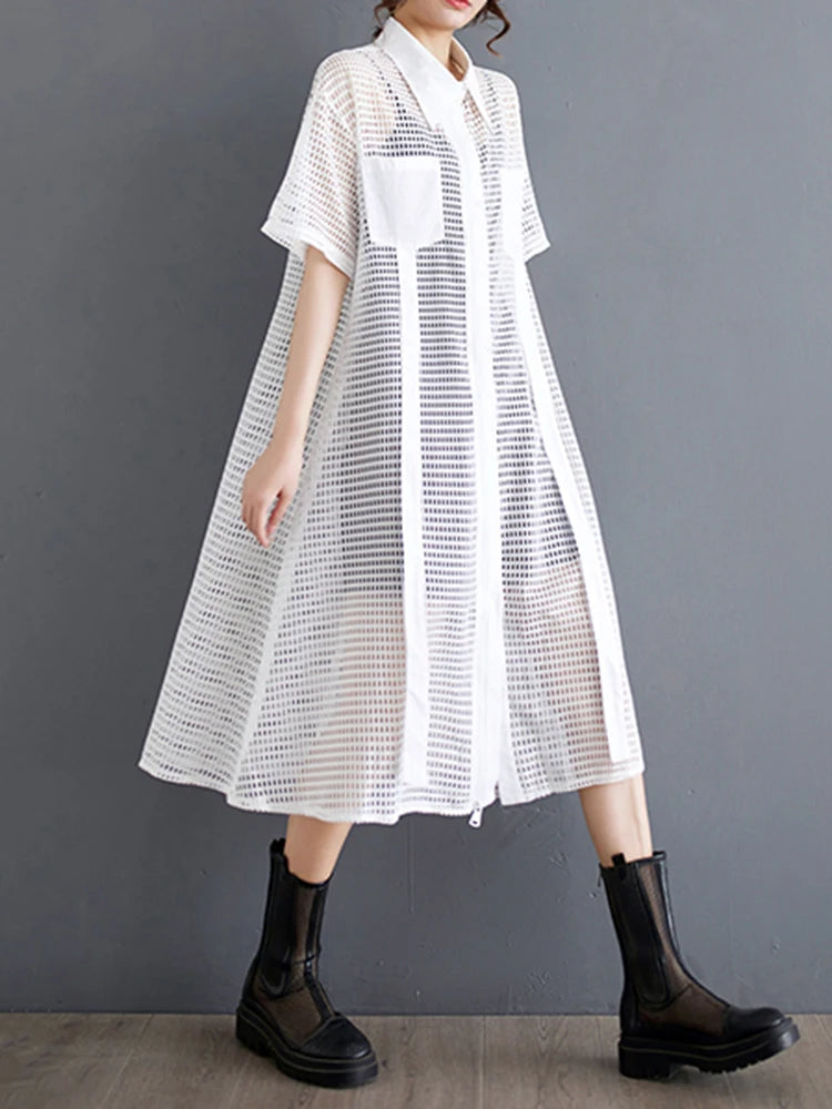 XITAO Hollow Out Plaid Shirt Dress Solid Color Loose Fashion Short Sleeve Zipper Splicing Women A-line Dress Summer New LYD1898