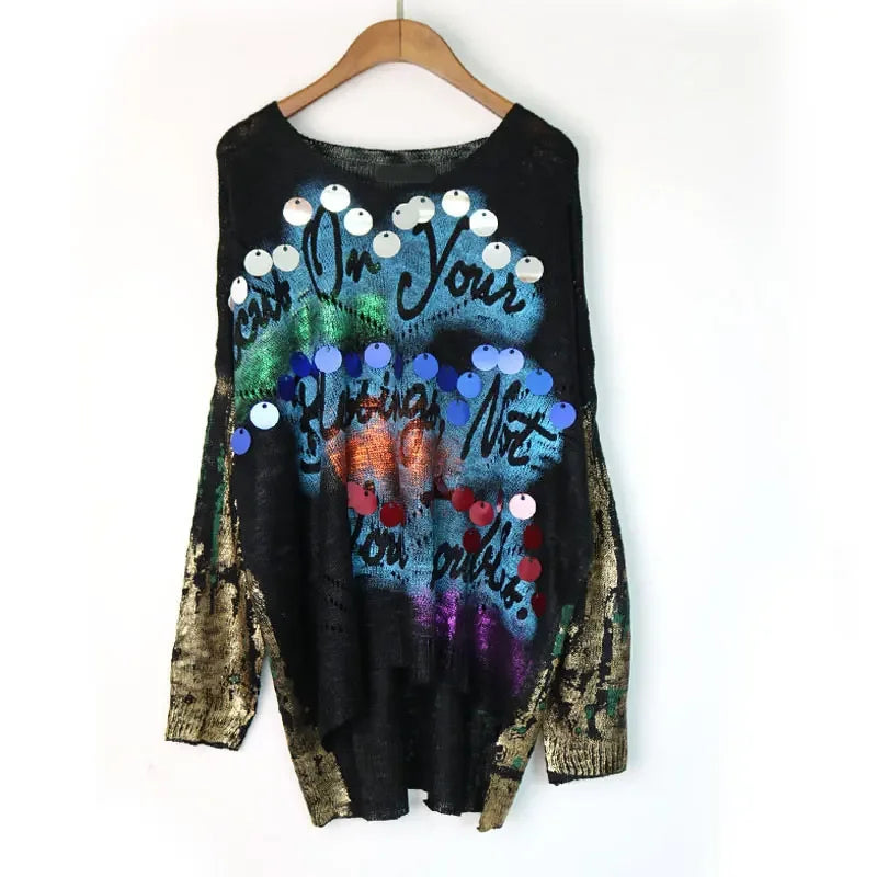 XITAO Thin Hollow Out Letter Sequin Sweater Women Clothes Fashion Vintage Loose Irregular V Neck Full Sleeve New WQR1962