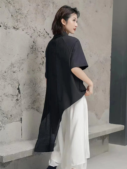 XITAO Asymmetrical Single Breasted Women Shirt Turn-down Collar Short Sleeve Solid Color Patchwork Casual 2024 Summer New GJ1032