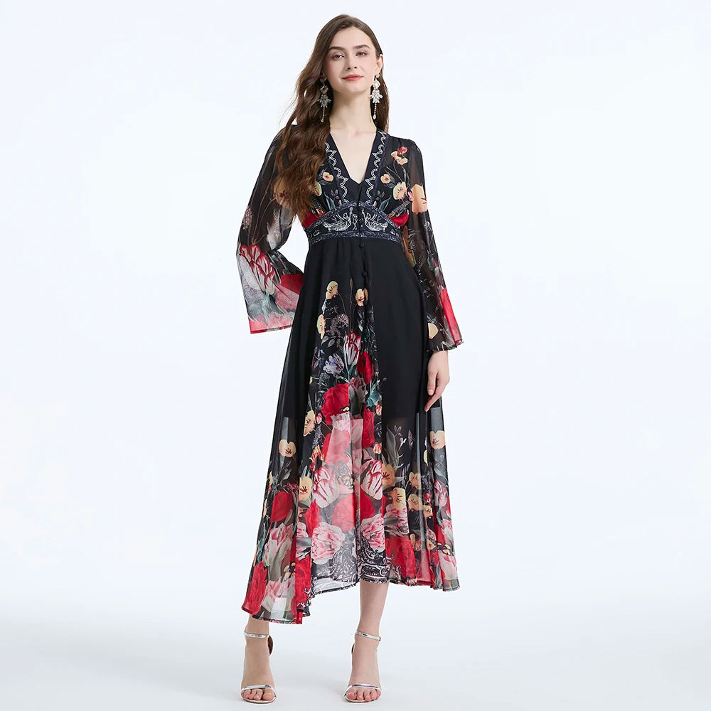 XITAO Chiffon Print Flare Sleeve Dress Fashion V-neck Collar Temperament Single Breasted Women Long Dress Summer New WLD20217