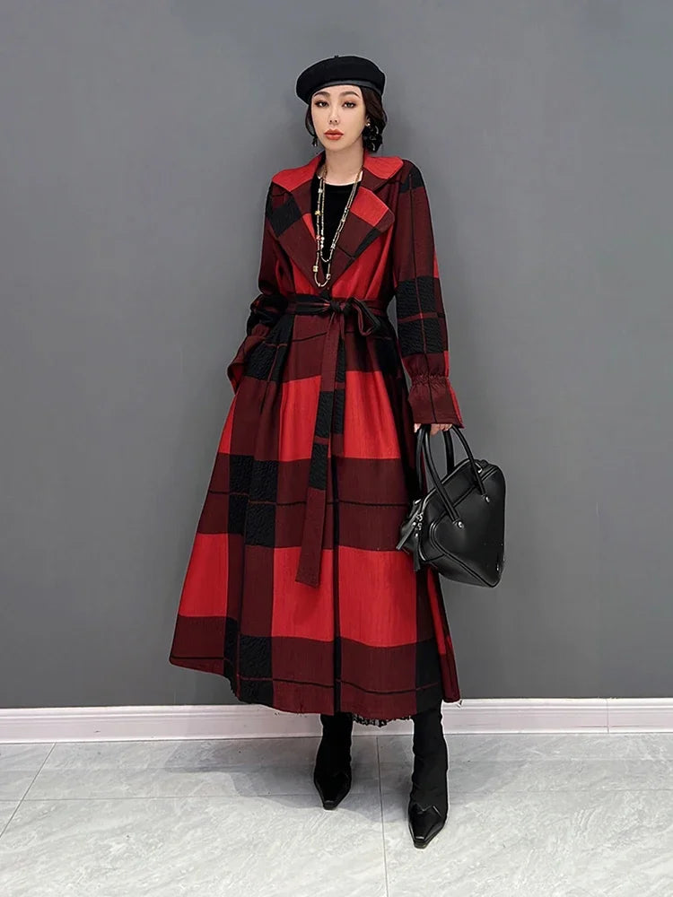 XITAO Plaid Bandage Women Tailored Coat Fashion Contrast Color Turn-down Collar Simplicity Coat Spring All-match New WLD13012