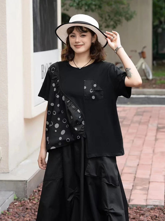 XITAO Asymmetrical Patchwork Polka Dot T-shirts Solid Color O-neck Short Sleeve Pullover Tops Summer All Match GJ1056