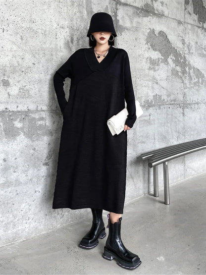 XITAO Hit Color Dress Fashion Women Pullover Pleated Knitted Full Sleeve 2024 Spring Minority Loose Elegant Dress WLD9276