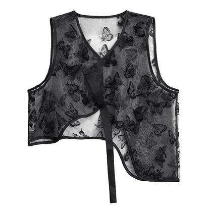 XITAO Flocking Butterfly Gauze Vests Fashion Irregular Lace-up V-neck Women Perspective Vests Summer New All-match Top WLD20216