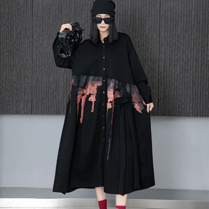 XITAO Print Single Breasted Long Sleeve Trench Solid Color Loose Turn-down Collar Pocket Patchwork Long Coat 2024 Autumn HQQ2379