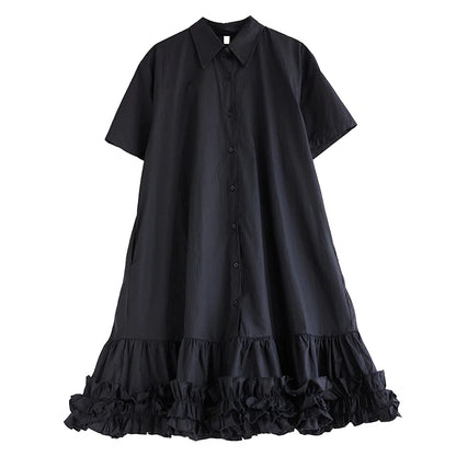 XITAO Casual Shirt Dress Black Simplicity Fashion Splicing Flounced Edge Hem Women Summer New Turn-down Collar Dress WLD20126