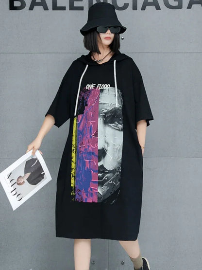 XITAO Rope Hooded Printing Knee-length Dress Casual Loose Fitting Fashion Half Sleeve Solid Color Summer Women Dress GMM1200