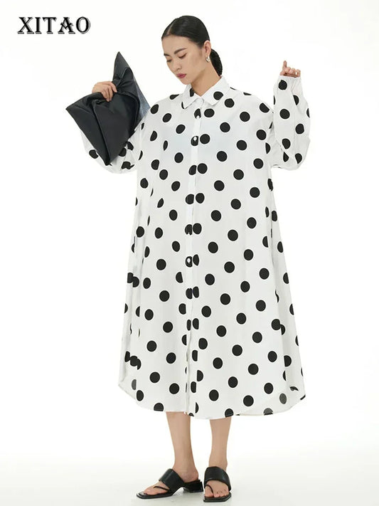 XITAO Dot Print Shirt Dress Loose Fashion Long Sleeve Turn-down Collar Women Casual Dress 2024 Spring Summer Simplicity DMJ2596