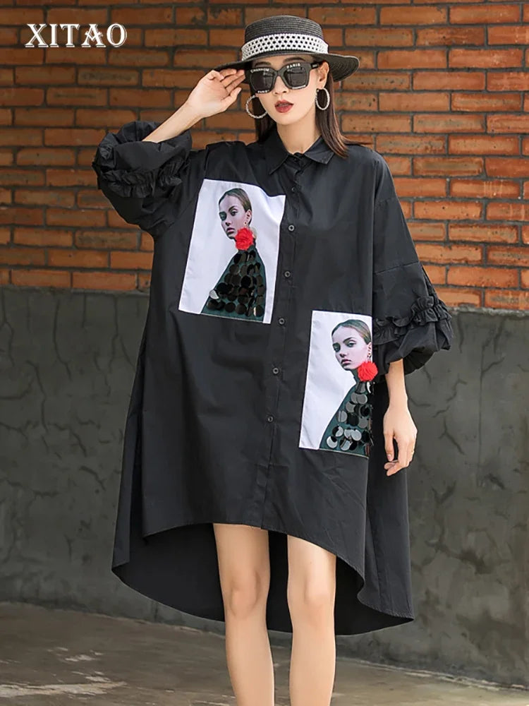 XITAO Asymmetrical Dress Women Sequins Patchwork Tide Fashion New Style Turn Down Collar Long Sleeve 2021 Autumn Loose WMD1596