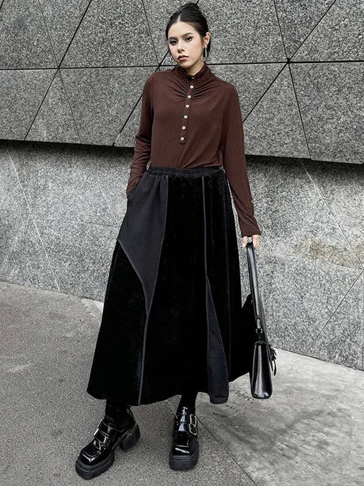 XITAO Autumn Loose Patchwork Skirt Casual Mid-calf Elastic Waist Temperament Autumn Women Simplicity A-line Skirt ZYY1014